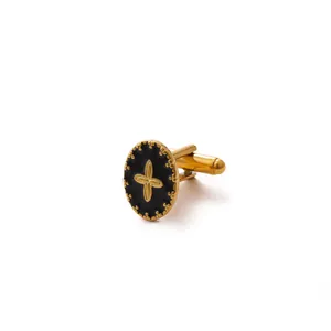 Luxury gold stainless steel cufflinks with black cross pattern on white background