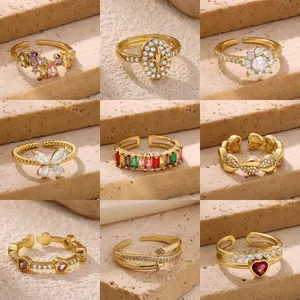 Luxe Vergulde Koperen Zirkonia Open Ring Voor Dames Kleurrijk Hart Vlinder Verstelbare Geometrische Vingerring Sieraden