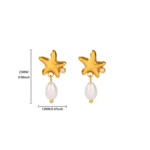 Boucles d'oreilles étoile de mer dorées avec perles et strass, 25 mm par 12 mm