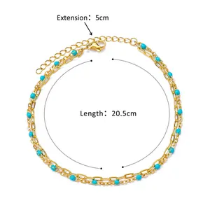 Double-layer gold steel anklet with turquoise beads featuring a length of 20.5cm and 5cm extension