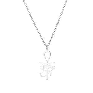 Detail of silver Ankh cross and Eye of Horus pendant necklace with fine chain