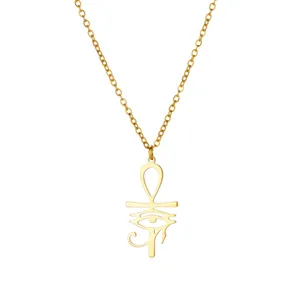 Polished gold Ankh necklace with Eye of Horus charm pendant on minimalist chain