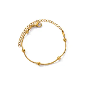Elegant gold titanium steel snake chain bracelet with five round beads for women