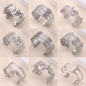 Brazalete Ancho de Acero Inoxidable Geométrico para Mujer Corazón Hueco Flor Concha Cara de Sol Vintage Personalizado Abierto Ajustable Joyería