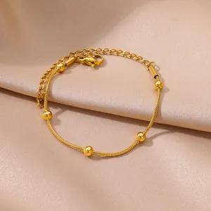 Elegant 18K gold plated titanium steel snake chain anklet with five polished beads