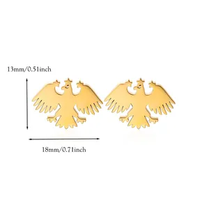 Polished golden eagle stud earrings with detailed feathers and 13x18mm size markings