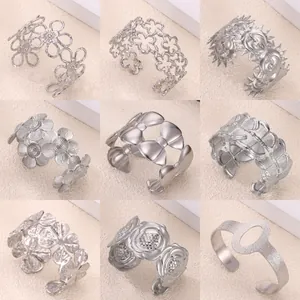 Minimalist Stainless Steel Open Cuff Bracelet Floral Bow Butterfly Sun Moon Pattern Polished Bangle Jewelry For Women