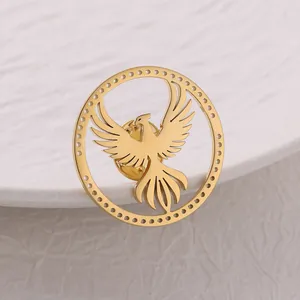 Elegant Hollow Phoenix Stainless Steel Brooch Gold Plated Round Animal Lapel Pin For Women Men Fashion Suit Accessory Jewelry