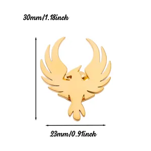 Detail view of a gold phoenix brooch badge with dimensions 30mm height and 23mm width