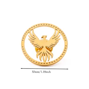 Detailed view of golden phoenix hollow brooch with dimensions of 30mm and 1.18 inch
