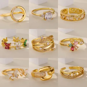 Anello Aperto in Rame Placcato Oro Minimalista per Donna Elegante Anello Regolabile Farfalla Floreale Zirconia Gioielli Regalo