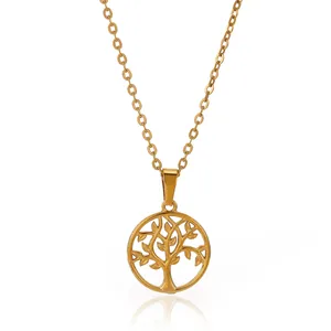 Elegant 18K gold plated stainless steel Tree of Life pendant necklace on simple O-chain link