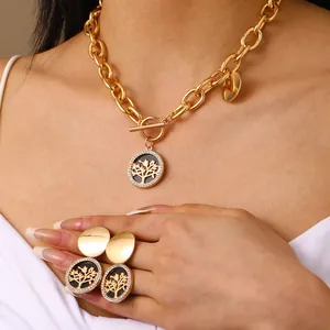 Collana Con Pendente Albero Della Vita In Lega Oro Vintage Set Orecchini Catena Grossa Chiusura A Gancio Gioielli Donna