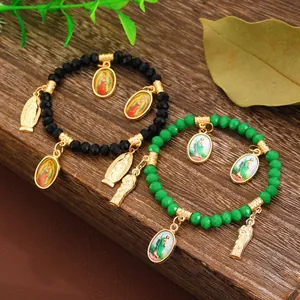 Vintage religious beaded bracelets with Virgin Mary charms in green and black beads