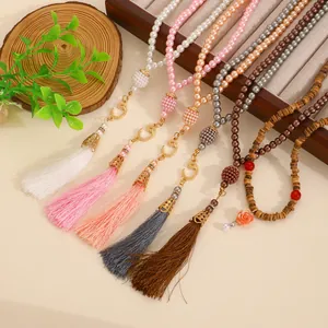 Exotic Middle East Tasbih Prayer Beads Imitation Artificial Pearl Wood Beaded Bracelet With Tassel Moon Rose Pendant Jewelry Gift