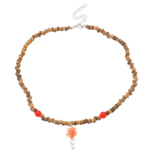 Bohemian prayer beads necklace with brown wood beads, red accents and orange rose pendant