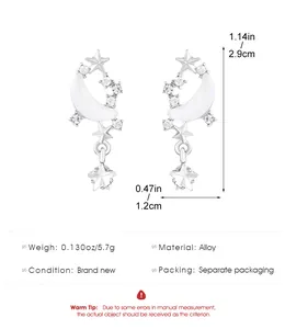 Detailed size chart showing silver crescent moon and star earrings dimensions and weight