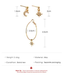 Detailed size specifications for gold star and moon tassel earring set with alloy material
