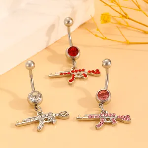 Three AK47 belly rings set with sparkling rhinestones in red, white and pink finishes