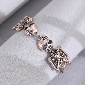 Gothic-Punk Armband mit doppeltem Skelett und Totenkopf-Charms aus Vintage-Silber