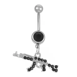 Punk AK47 rifle pendant belly ring with black crystals and polished silver finish