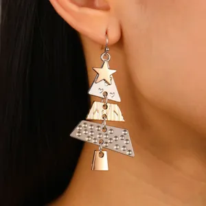Christmas tree layered metal drop earrings with gold stars and silver heart details