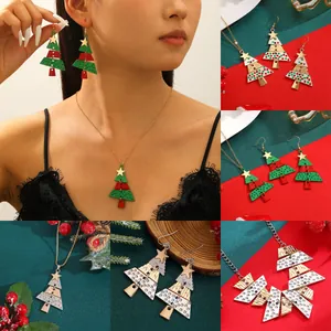 Alloy Christmas Tree Pendant Necklace Rhinestone Earrings Festive Holiday Jewelry Enamel Star Pattern Accessory For Women Party Gift