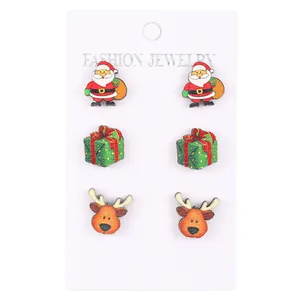 Three-pair wooden Christmas stud earring set with Santa Claus, reindeer, and gift box designs