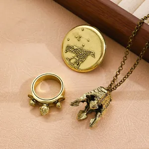 Vintage Alloy Jewelry Set Embossed Bird Badge Hollow Bell Pendant Necklace And Textured Ring Retro Ancient Style Accessories For Women Men