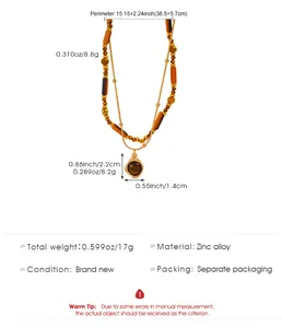 Detail view of tiger eye bead necklace with zinc alloy chain specs and dimensions