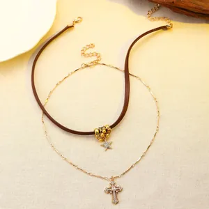Brown leather star choker and gold cross pendant double-layer necklace for women
