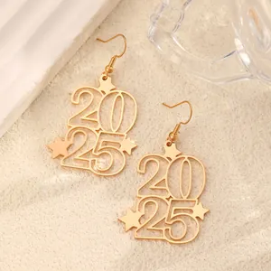 Detailed view of 2025 numeric gold-tone star drop earrings for New Year celebration