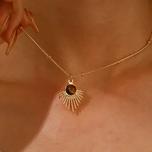 Bohemian gold snake chain necklace with tiger eye sunburst pendant for women