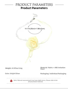 Detail showing dimensions of the beige fabric rose necklace with white pearls and ribbon