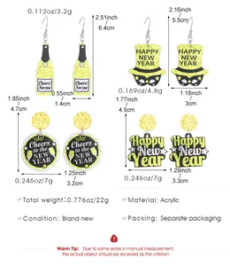Detailed view of yellow acrylic New Year earrings with size and weight measurements