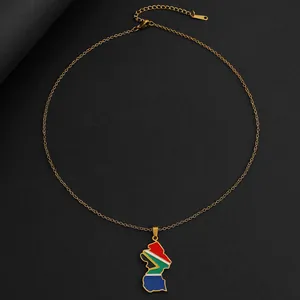 Detail of South Africa map pendant necklace with colorful enamel flag on a fine gold chain