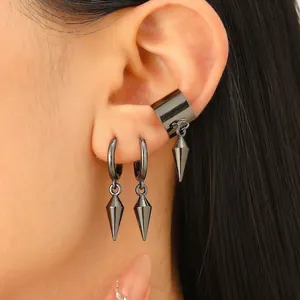 Punk style gun black metal ear cuff and cone spike drop earrings set for men and women