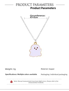 Detail view of a purple ghost pendant necklace with size labels on a white background