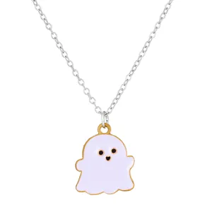 Close-up of lavender enamel ghost pendant with heart mouth on silver necklace