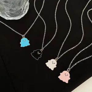 Cartoon ghost pendant necklaces in blue, black, white, and pink colorful drip oil finish