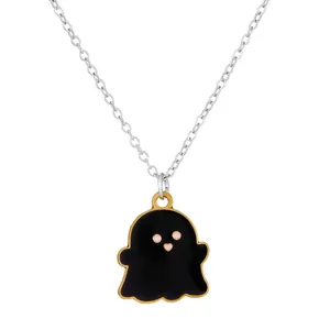 Cartoon black ghost pendant necklace with gold outlines for Halloween jewelry styling