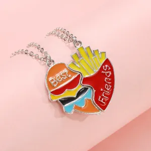Alloy Enamel Heart Split Necklace Hamburger French Fries Pendant Rainbow BFF Best Friends Jewelry For Women Girls