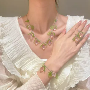Conjunto de joyas de melocotón rosa de verano con collar pulsera y pendientes mujer