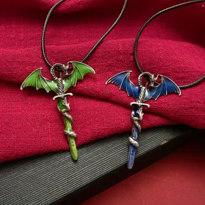 Gothic dragon sword pendant necklace in silver with colorful wings on black cord