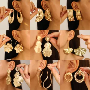 Pendientes de Gota de Aleación Vintage Con Poste de Oro de 14 Quilates Joyas de Metal Geométricas Oversize Para Mujer