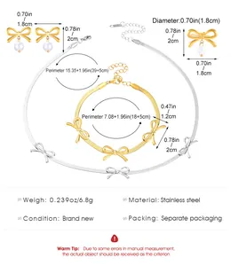 Detaillierte Größenübersicht für Edelstahl-Schmuckset mit Schleife und Perlen in Gold