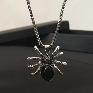 Gothic spider pendant necklace with black stone on vintage silver metal chain