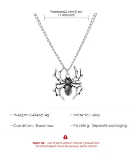 Detailed specs of spider necklace with vintage silver finish and size measurements