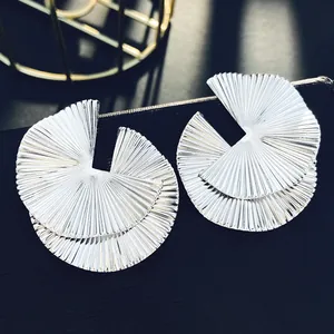 Elegant silver fan-shaped pleated earrings with radiant engraved texture for women