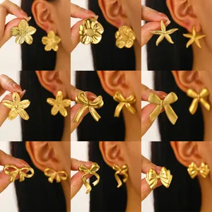 Edelstahl Schleife Blume Seestern Ohrstecker 18K Vergoldet Minimalistische Geometrische Ohrringe Für Damen Schmuck